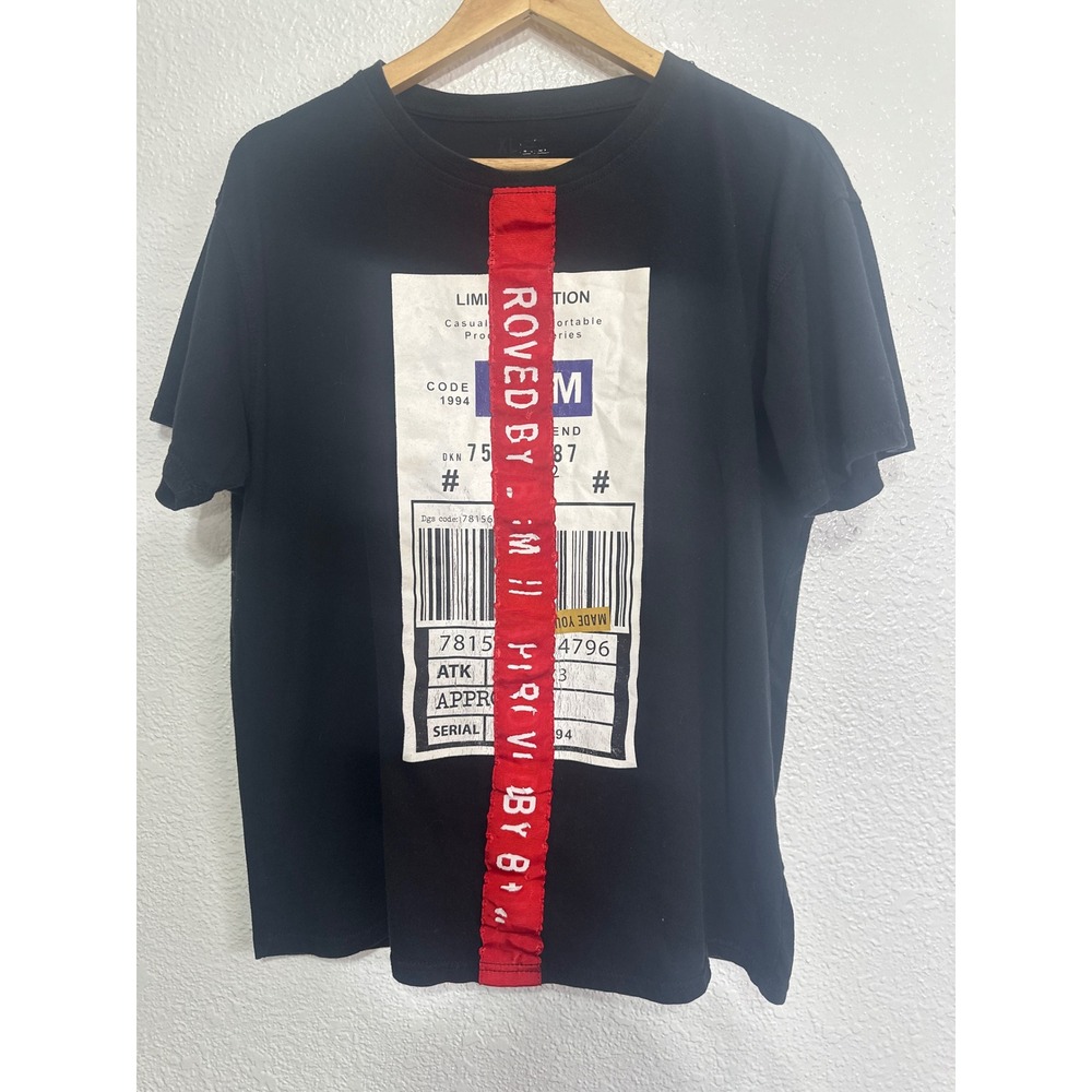 B+M Mens Black Graphic T-Shirt XL Limited Edition Barcode Red Ribbon Streetwear